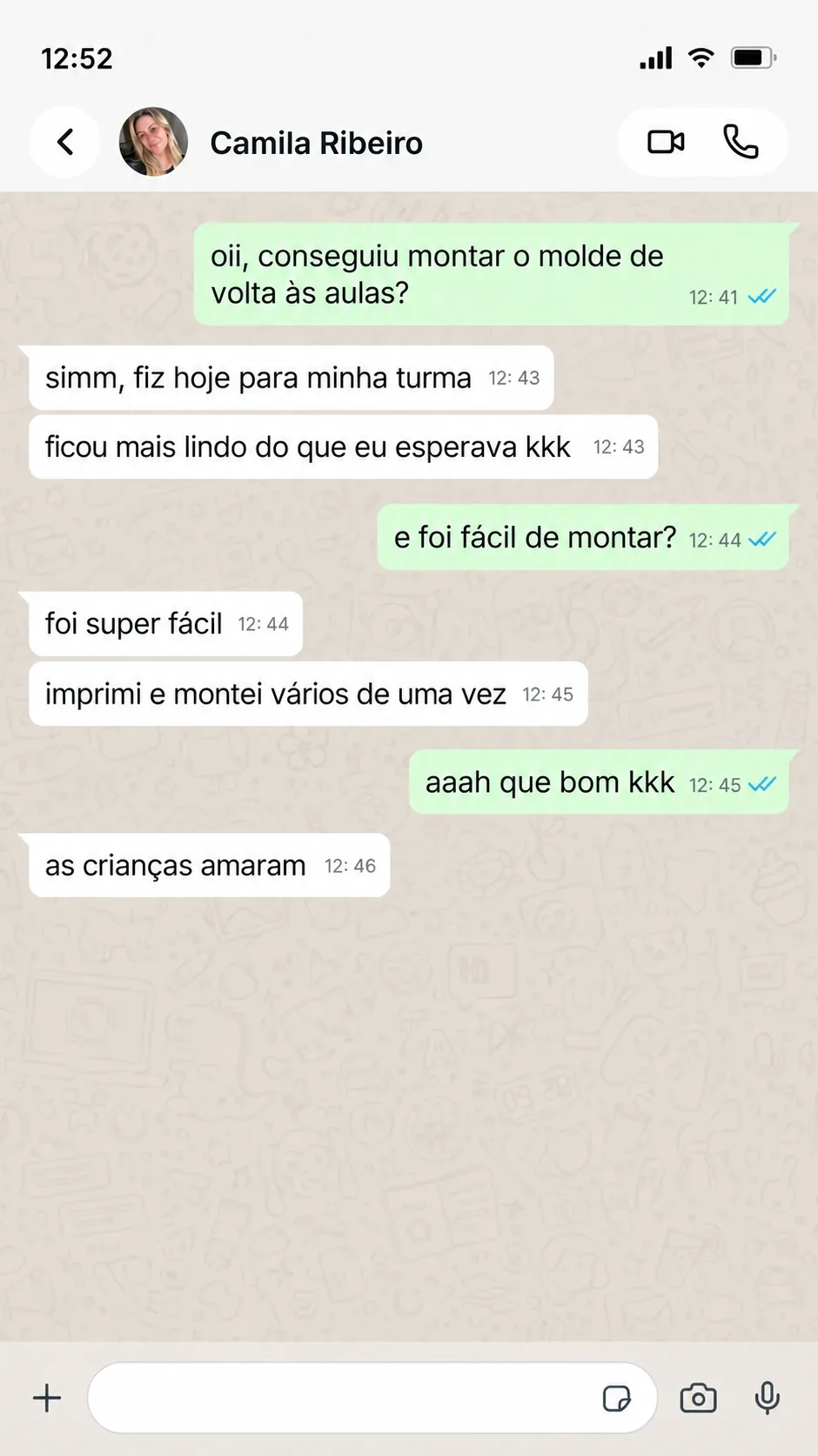 Conversa ilustrativa de Camila sobre os moldes de lembrancinhas escolares