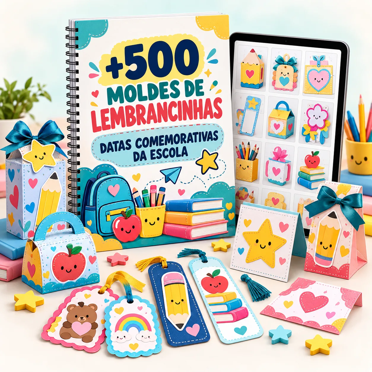Mockup do pacote com mais de 500 moldes de lembrancinhas para o ano letivo