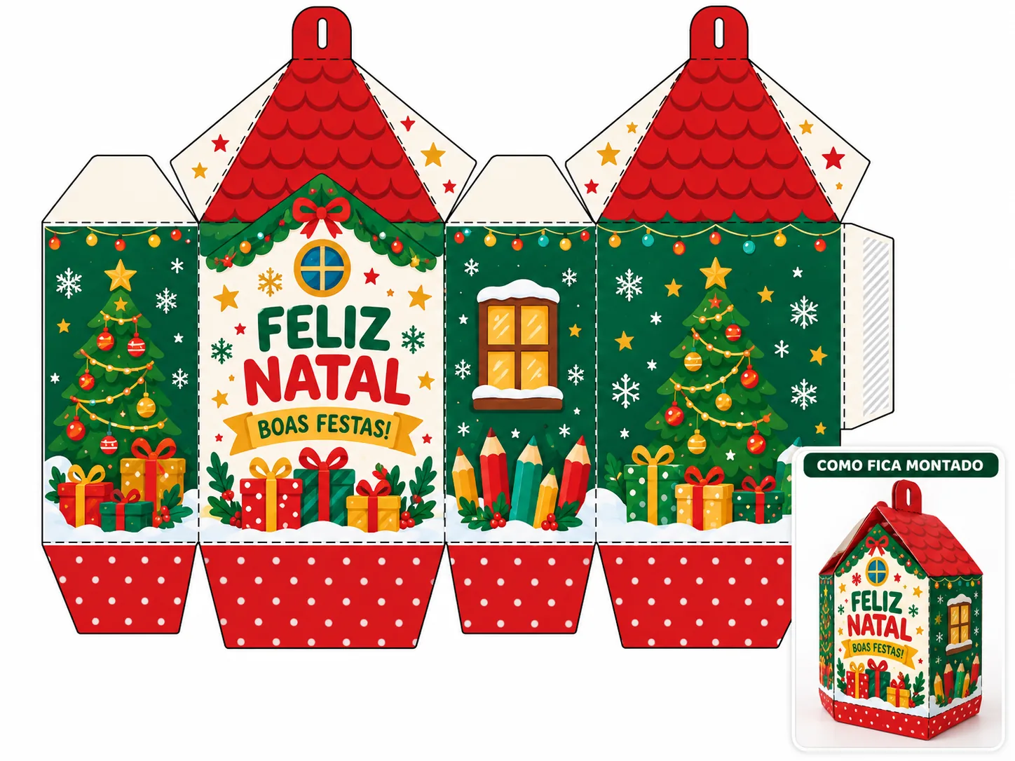 Molde imprimível para o Natal escolar com pequena demonstração de como fica montado